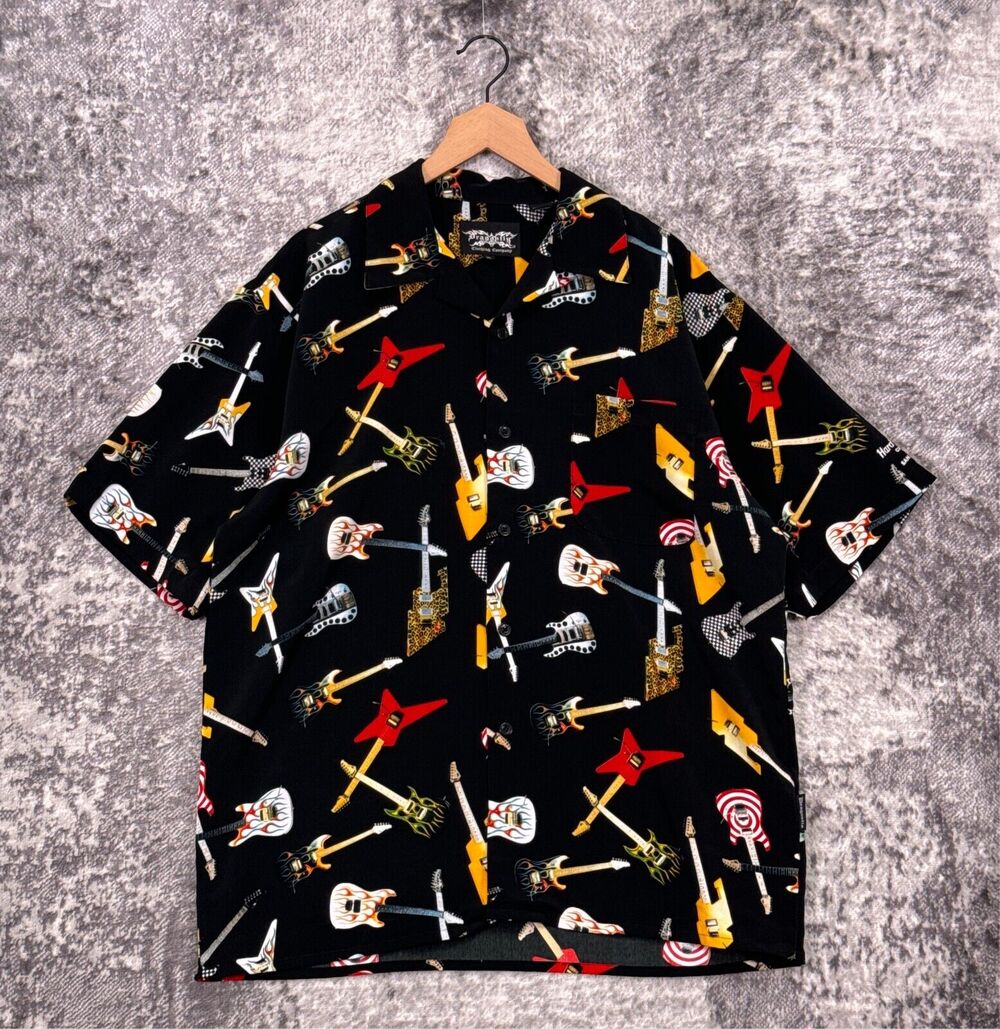 Vintage Dragonfly Shirt XL Mens Y2K Hard Rock Cafe Black Guitar Print Button Up